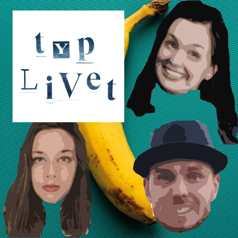 Logo för podden Typ Livet. Det finns en banan och tre ansikten av poddaktörerna.