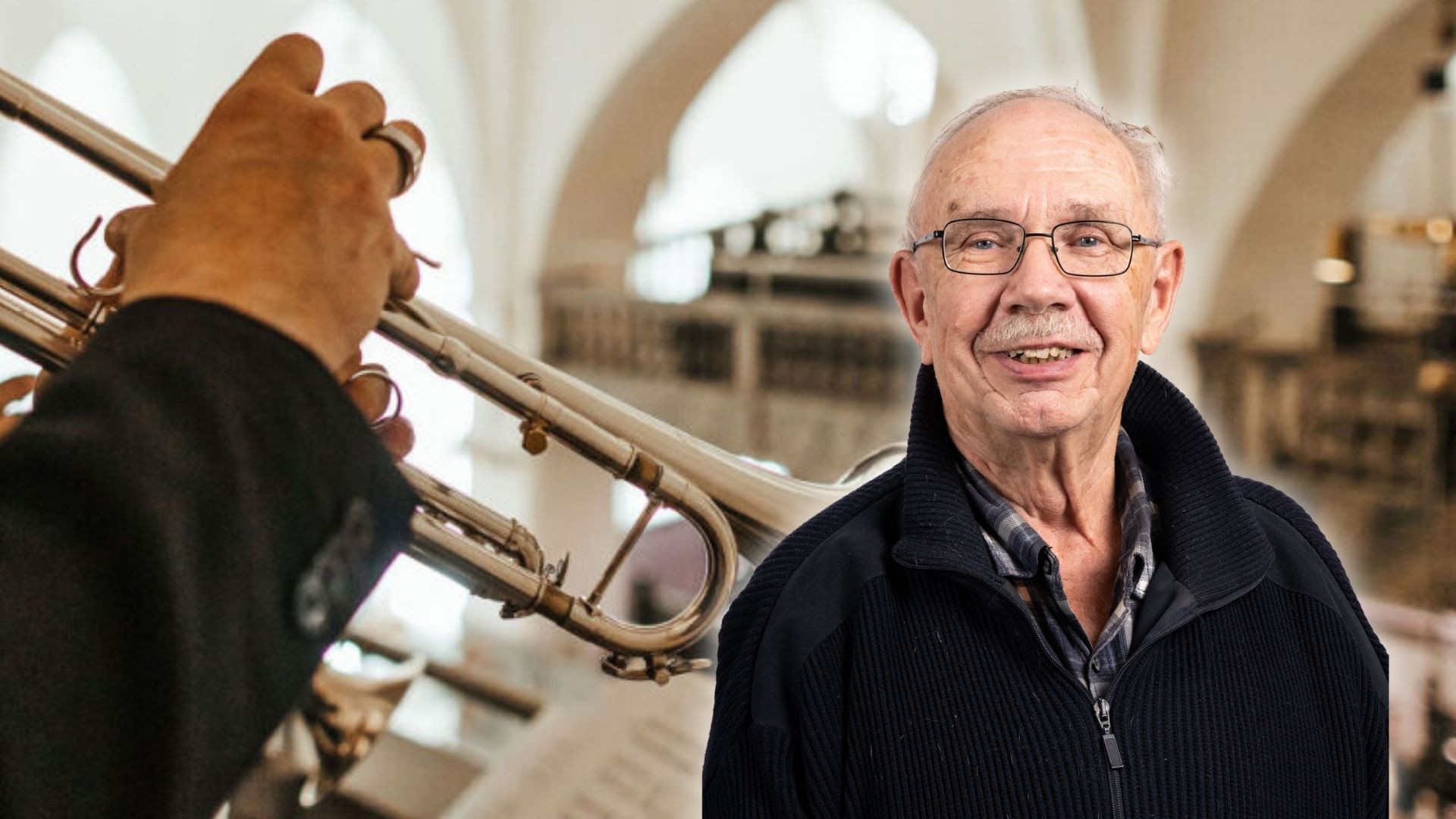 Collage, äldre man, kyrka med trumpetmusik.