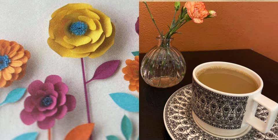 Online Café au Lady för kvinnor Pappersblommor och en kopp kaffe.
