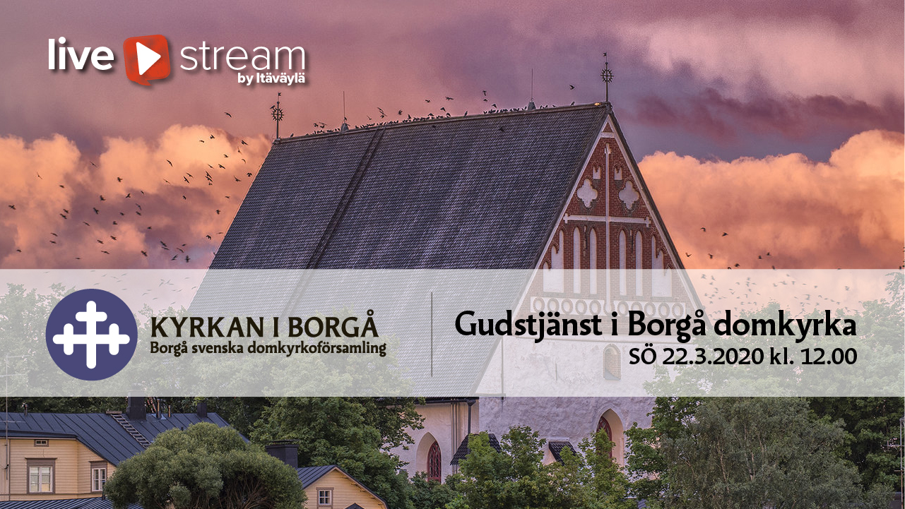 Strömmad gudstjänst i Borgå domkyrka Domkyrkan i rosa med fåglar flygande över kyrkotaket.
