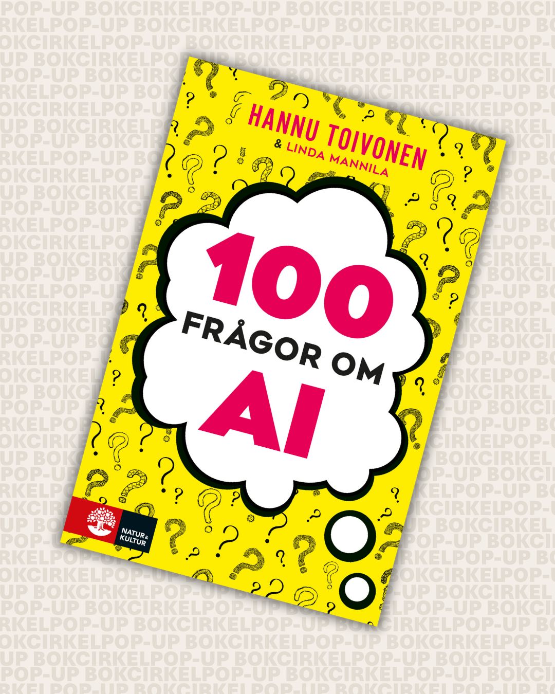 Pop-up bokcirkel Bokpärm med rubriken 100 frågor om AI.