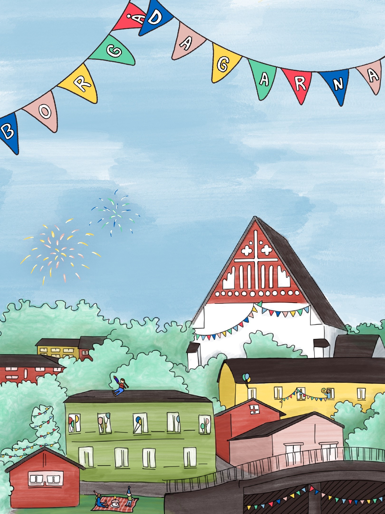 Ritad bild av kyrklandskap, texten Borgå dagar på färggranna vimplar.