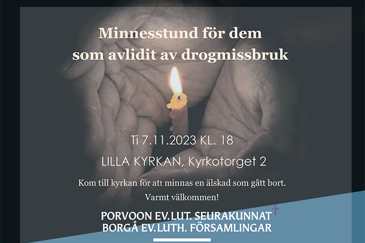 Minnesstund för avlida i missbruk står på en bild med två händer.