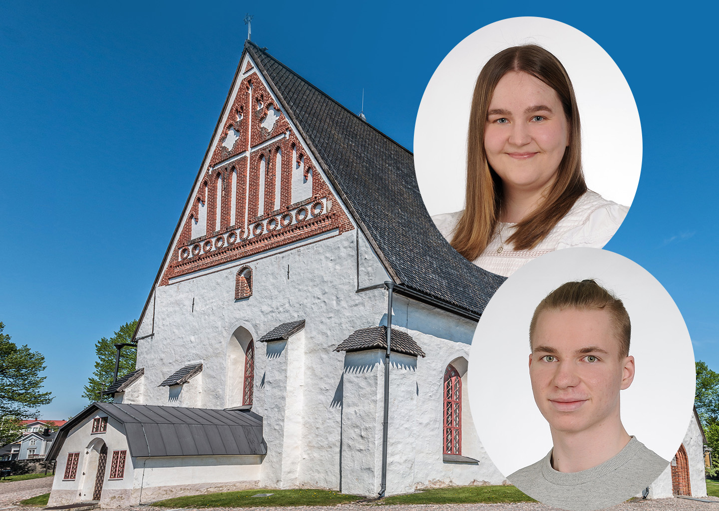 Kyrkbyggnad och två unga personers ansikten.