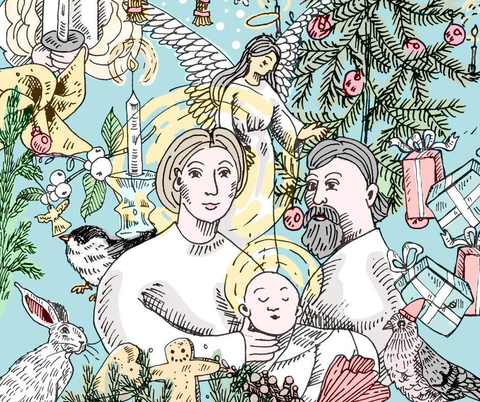 Illustration Josef, Maria o Jesusbarnet.