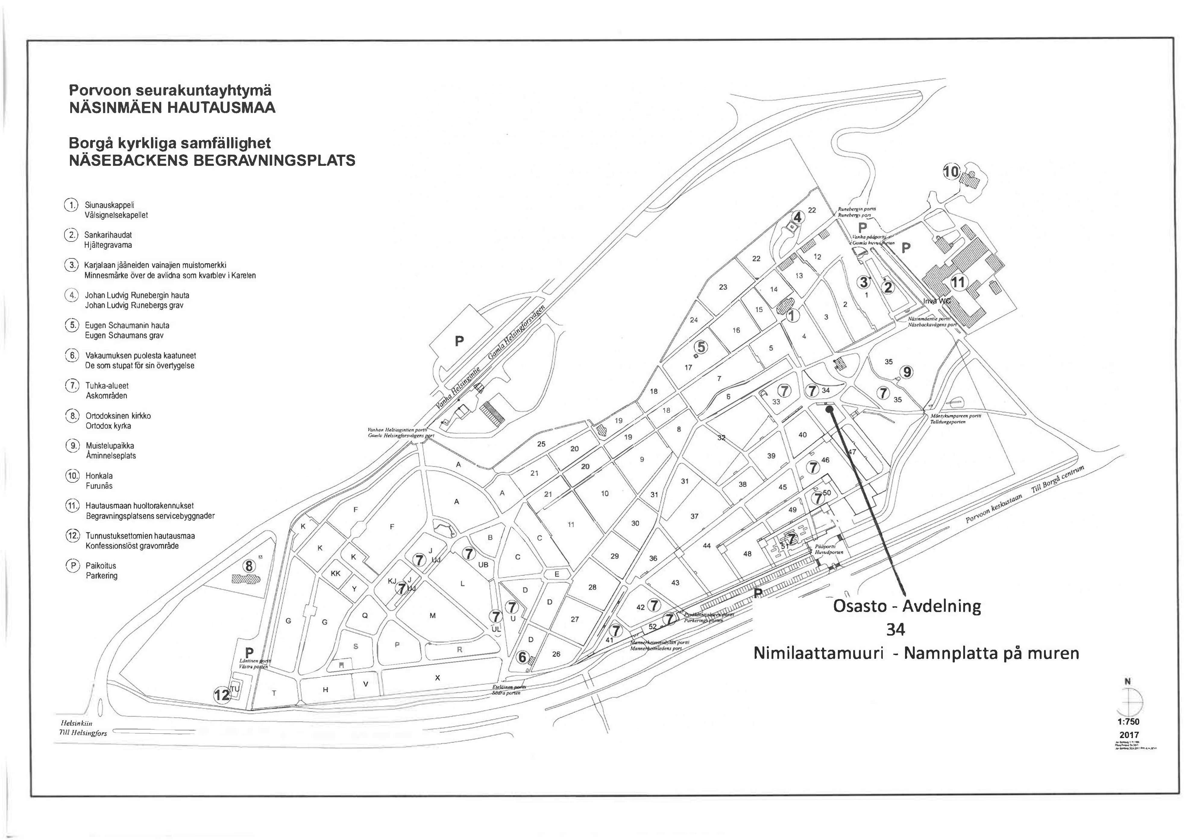 Karta som visar murens plats, den ligger cirka hundra meter sydväst om huvudporten till gravgården vid Näsebackavägen 5.